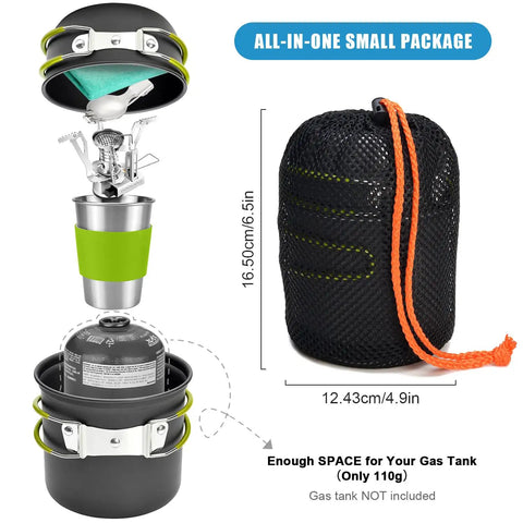 Backpacking Camping Cookware Kit With Mini Stove Aluminum Pots Stainless Steel Cup Nine Piece Utensil Set packed in mesh bag