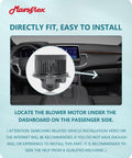 Front HVAC Blower Motor Direct Fit For Chevy Tahoe Silverado Avalanche Suburban GMC Sierra Yukon Cadillac Escalade 2000 2001 2002 2003 2004 2005 2006 Without Resistor Drop In Ready For Smooth Airflow And Easy Install, shown with dashboard installation guide.