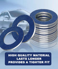 Stack of blue aluminum M12 oil drain plug gasket washers with car background, emphasizing high quality material.