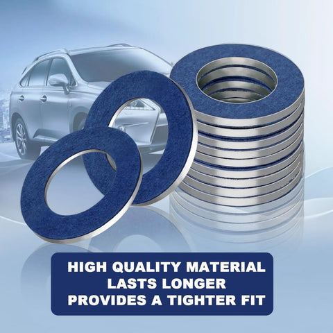 Stack of blue aluminum M12 oil drain plug gasket washers with car background, emphasizing high quality material.