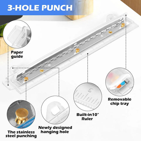 Portable 3 Hole Punch For 3 Ring Binders With One Quarter Inch Holes, showing ruler, scrap tray, paper guide, and steel punching