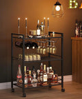 Sleek Black Three Tier Bar Cart With Smooth Rolling Lockable Wheels And Top Shelf Storage showcasing drinks and glasses, 13x25.2x34.3in size.