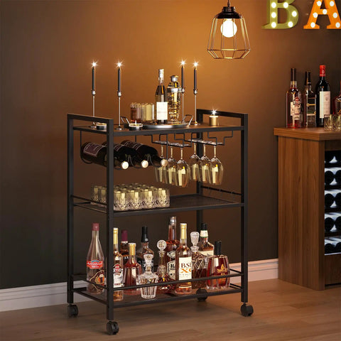 Sleek Black Three Tier Bar Cart With Smooth Rolling Lockable Wheels And Top Shelf Storage showcasing drinks and glasses, 13x25.2x34.3in size.