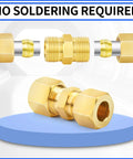 Brass compression tube fitting 1/4 inch union, no soldering required, showing ferrule and nut components for tight seal.