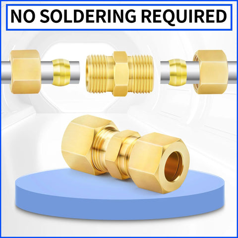 Brass compression tube fitting 1/4 inch union, no soldering required, showing ferrule and nut components for tight seal.