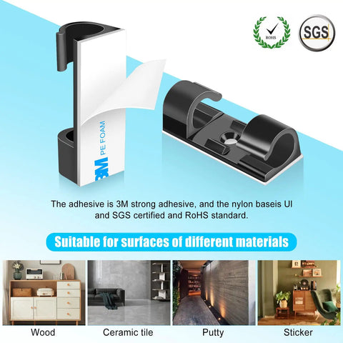 Close-up of 50 Pack Medium Self Adhesive Cable Clips Black For Under Desk Car Wall TV PC Ethernet Cables with 3M adhesive.