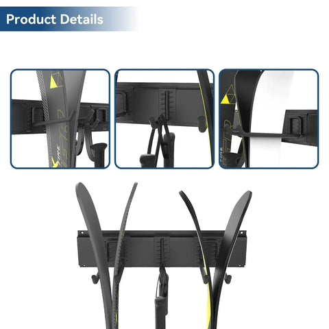 Heavy Duty Wall Mount Ski Rack For Garage Adjustable Steel Rail Holds Four Pairs Of Skis with secure hooks and rubber tips.