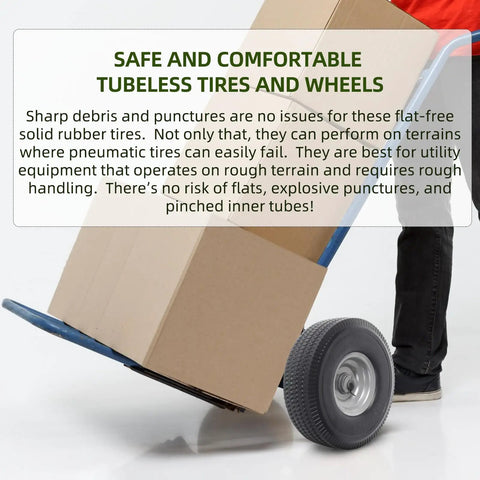 Beefy 10 Inch Solid Wheel Replacement Kit With Flat Free PU Run Flat Tire For 4.10/3.50-4 Wheels on hand truck