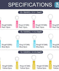 Chart showing 92-piece Heat Shrink Ring Terminal Kit specifications and sizes for wire connectors, including 22-18 AWG, 16-14 AWG, and 12-10 AWG.