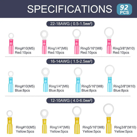 Chart showing 92-piece Heat Shrink Ring Terminal Kit specifications and sizes for wire connectors, including 22-18 AWG, 16-14 AWG, and 12-10 AWG.