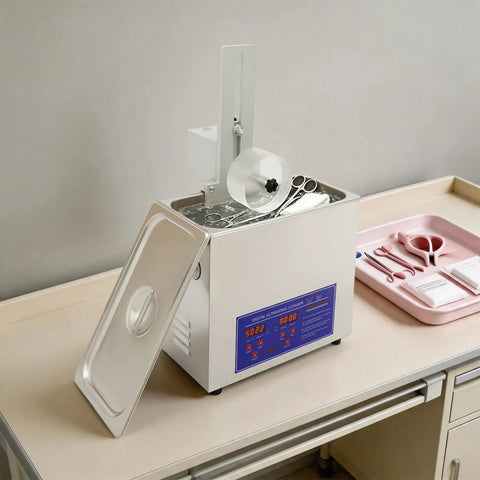 Heavy Duty 6.5L Ultrasonic Cleaner With Quick Heat And Bright Digital Screen, Rugged Stainless Vat For Jewelry And Shop Tools, 40KHz Vibes Scrub Away The Gunk Like A Champ on a table with tools.