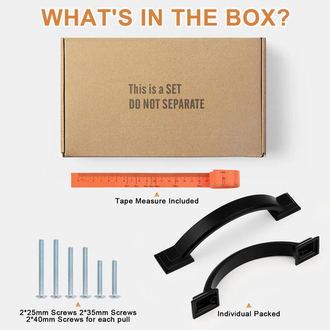 Box contents of 10 Pack Matte Black Cabinet Pulls With 3 Inch Hole Center 76mm Zinc Alloy Drawer Handles, screws, tape measure