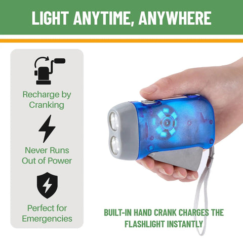 Hand holding a Rechargeable Hand Crank Emergency Flashlight Pack 12 Units with dual LED beams, showing crank and carry strap.