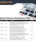 Jig & Fixture Hardware Kits with assorted knobs, T-bolts, inserts, and storage case in divided organizer