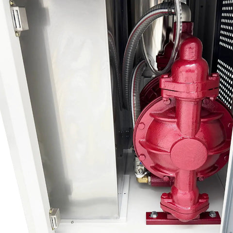 Heavy Duty Pneumatic Chip And Sludge Remover For CNC Machining Shops No Sweat 220V 1PH filter showing red pump and internal components.