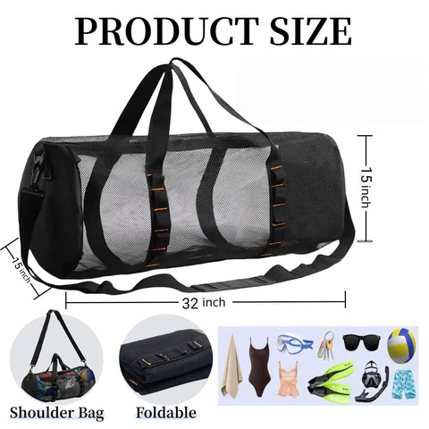 Roomy Mesh Dive Gear Duffle Bag With Zipper And Adjustable Shoulder Strap, 32x15x15 inches, ideal for organizing travel essentials.