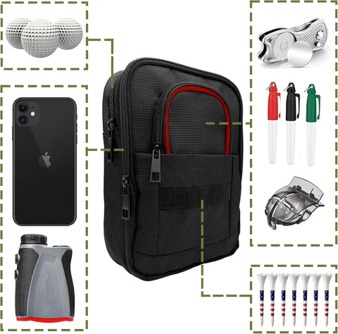 Ultimate Golf Valuables Pouch and Ball Bag, Portable Organizer displaying compartments for balls, tees, and gadgets