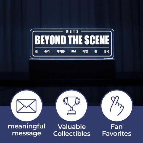 BTS Night Light For ARMY Fans, Beyond The Scene LED Lamp with engraved acrylic design on a black base in dim room