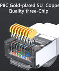 Close-up of Two Pack Right Angle Cat6 Ethernet Cable 6Ft Flat Patch Cord White 90 Degree Up And Down Angles, showing gold-plated connectors