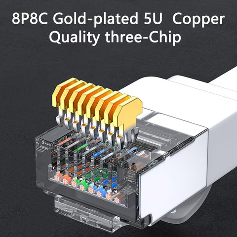 Close-up of Two Pack Right Angle Cat6 Ethernet Cable 6Ft Flat Patch Cord White 90 Degree Up And Down Angles, showing gold-plated connectors