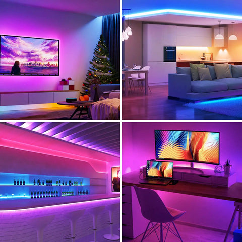 Indoor RGB LED Strip Lights 16.4ft 5050 SMD With Remote and 24V Power Adapter used in various room settings for ambient decor