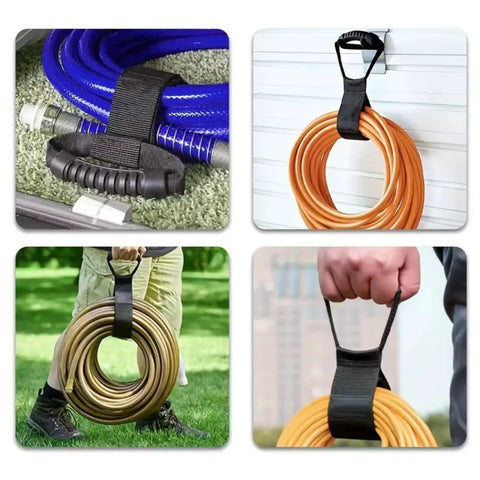 Versatile 17 Inch Adjustable Black Nylon Storage Strap With Ergonomic Handle For Cords Garden Hoses Swimming Gear And Garage Tools Heavy Duty Organizer With Strong Velcro For Reusable Easy Grab And Go Neat Storage securing hoses and cables in various settings.