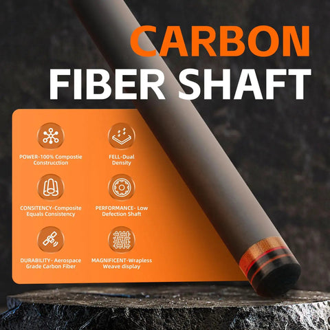 Close-up of Carbon Fiber Pool Cue Shaft 29 Inches With Low Deflection And Pro Taper Keeps Your Stroke On Point Five Sixteenth By Eighteen