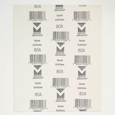 9x11 Garnet Sandpaper Sheets A-Weight Latex Backed 80 Grit, 50 Pack For Wood Sanding, barcode and grit details