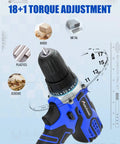 Cordless Drill Kit With Battery And Charger, 18 Plus 1 Clutch, 220 In Lbs Max Torque, showing torque settings for various materials