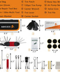 Sixteen In One Bicycle Repair Toolkit With Tire Patch Kit, Chain Repair Wrench, Essential Mini Pump, tools layout and dimensions