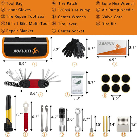 Sixteen In One Bicycle Repair Toolkit With Tire Patch Kit, Chain Repair Wrench, Essential Mini Pump, tools layout and dimensions
