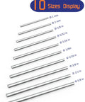 Ten sizes of metal rods shown; includes Pro Grade 304 Stainless Steel Round Rod Set 3/16 Inch Diameter By 16 Inch Length Six Pieces