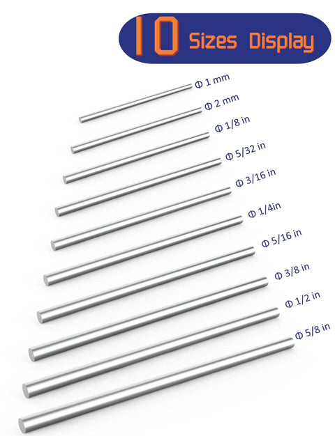 Ten sizes of metal rods shown; includes Pro Grade 304 Stainless Steel Round Rod Set 3/16 Inch Diameter By 16 Inch Length Six Pieces