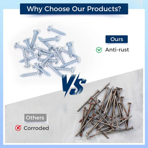 Comparison of zinc-plated screws from Pro Grade Heavy Duty Concrete Wall Anchors And Screws Kit vs. corroded screws from others