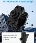 Heavy Duty Aluminum Mount For Lowrance Eagle Eye Nine Sensor with black anodized finish and bolt design against rocky backdrop.