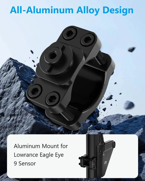 Heavy Duty Aluminum Mount For Lowrance Eagle Eye Nine Sensor with black anodized finish and bolt design against rocky backdrop.