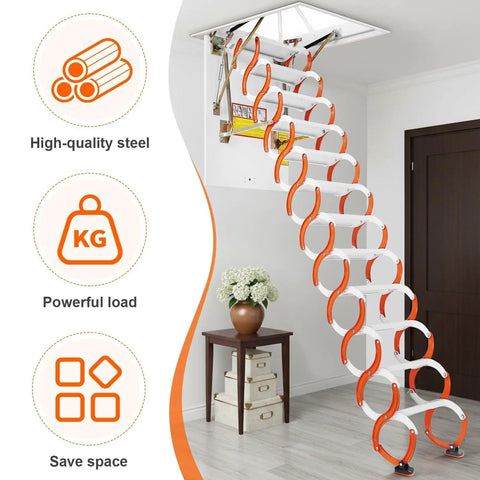 Electric Pull Down Attic Ladder Featuring Rock Solid Folding Design For Smooth Ceiling Access And Super Hella Strong Loft Stairs Supporting Over Five Hundred Pounds Safely Plus Top Tier Indoor Home Setup with high-quality steel frame and space-saving design.