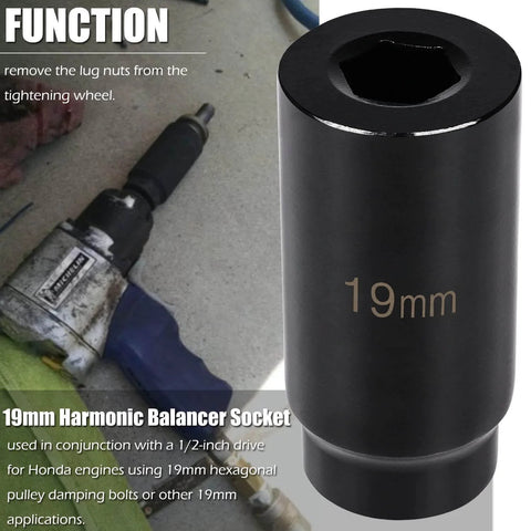19mm Harmonic Balancer Socket Tool for Honda with Half Inch Drive shown with pneumatic impact wrench