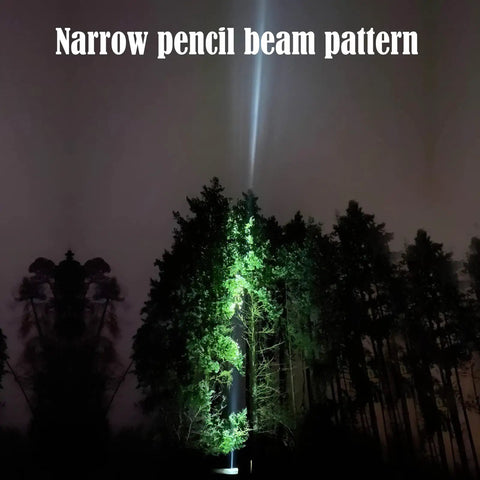 Rechargeable LED Flashlight With 2100 Lumen Output And 690 Meter Throw For Serious Long Range Illumination, narrow beam on trees.