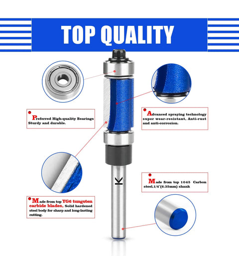 Top And Bottom Bearing Flush Trim Router Bit Set With One Quarter Inch Shank, Carbide Cutter, One Half Inch Cutting Diameter shown with technical details