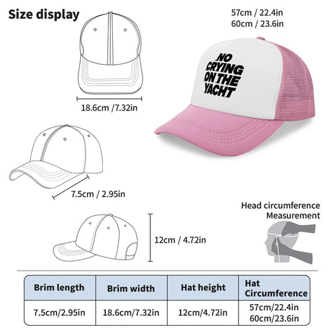 Size guide for Lightweight Pink Trucker Cap For Men, Washed Distressed Low Profile Baseball Hat with text 'NO CRYING ON THE YACHT'