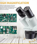 Forward Mounted Binocular Stereo Microscope With 20X 40X 80X Magnification, Dual LED Lighting, Widefield Optics, All Metal Stand, Rugged Pro Grade Build For Tiny Electronics Parts Inspection, Delicate Assembly, And Hobby Projects. Close-up of binocular head showing 2X objective