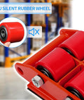 Heavy Duty Machinery Mover 6 Ton 13200 Lb Capacity Four Wheel Dolly Skate With 360 Degree Rotation Cap For Warehouse Workshop And Factory Industrial Use Red, showing close-up of red rubber wheel.