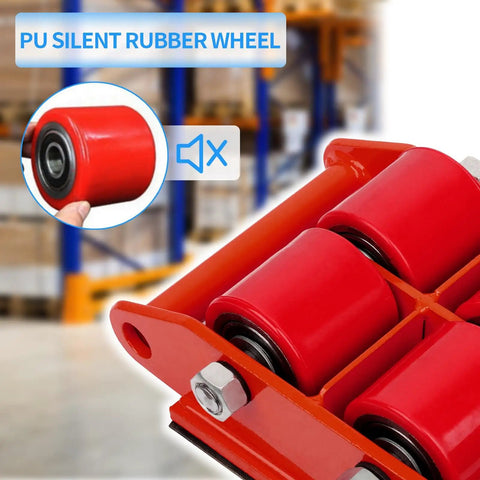 Heavy Duty Machinery Mover 6 Ton 13200 Lb Capacity Four Wheel Dolly Skate With 360 Degree Rotation Cap For Warehouse Workshop And Factory Industrial Use Red, showing close-up of red rubber wheel.