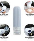 TSA Approved Travel Bottle Set With Leak Proof Silicone Squeezable Containers showing silicone body and wide opening design.
