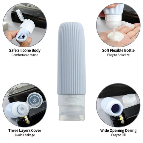 TSA Approved Travel Bottle Set With Leak Proof Silicone Squeezable Containers showing silicone body and wide opening design.