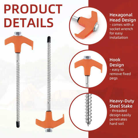 Fifty Pack Eight Inch Screw In Tent Stakes Heavy Duty Ground Stakes With Hex Head Driver Metal Pegs Spikes For Camping Garden Yard Orange