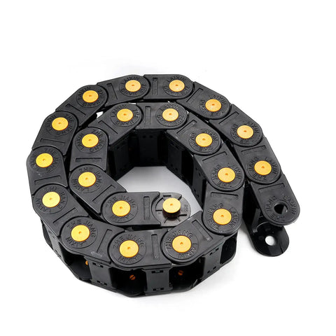 Open Type Drag Chain Cable Carrier With End Connectors 25x50 mm Inner Size R55 Bend Radius 1 Meter Length Heavy Duty Nylon Plastic Black With Yellow Dots Built For Electrical CNC Router Machines 1 Piece curled on white background