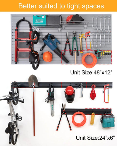 White Slatwall Garage Storage System with Wall Mount Panels, 96 Inch Total, Includes Adjustable Metal Hooks; tools organized