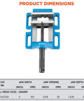Pro Grade Cast Iron Drill Press Vise With 4 Inch Jaws And Precision Ground Base top view showing dimensions and features.